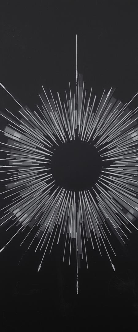 Monochrome abstract painting features a symmetrical composition with a central black sphere and dynamic, radial lines emanating outward. The stark contrast between the deep blacks and soft greys creates a sense of depth and movement. The meticulously detailed, spiky lines extend from the center, forming a dramatic interplay between light and shadow. This piece evokes a sense of cosmic energy and the infinite, blending minimalism with a profound visual impact.