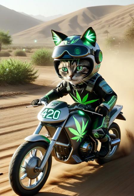 420futurism, from side, cute small motorcycle, cat driving, (wear round goggles:1.2), wear animal ears helmet, closeup shot, run through on dirt road, Dust, cinematic, cinematic lighting, (masterpiece, best quality:1.4), ultra-high res, 4k, Photorealistic, insanely detailed, sfw,