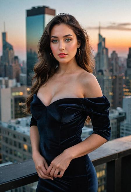Fine art photography of a hot Colombian woman, age 22, with white skin and an (athletic build) with (wide hips). She has long, dark, straight hair and is wearing a chic dress outfit. Standing confidently, she gazes seductively at the camera, exuding poise and allure. The scene is set on the Rooftop of an Urban Skyscraper at Dusk, with soft twilight lighting and a gentle haze effect adding to the ambiance. The image is captured from a low angle with a Canon EOS R5, evoking the artistic style of renowned photographer Cindy Sherman. Capture the essence of sophistication and mystery in this captivating scene.