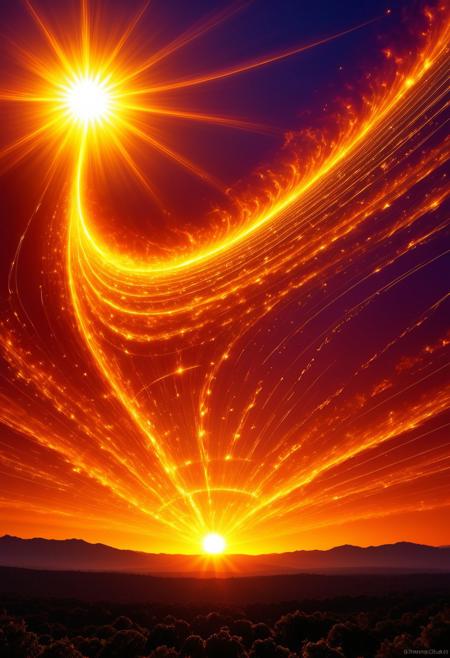 Solar Symphony captures a breathtaking surreal masterpiece of the sun radiating musical notes across the twilight sky, with the warm golden rays illuminating scattered clouds, symphony orchestration, celestial chorus, gradient colors of dawn, sunbeam trails, chromatic brilliance, oversaturated colors, octane rendering, ultrafine, vivid colors, dramatic lighting