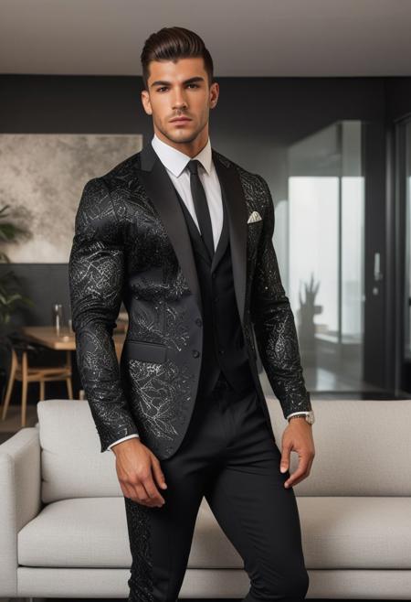 a strong 22-year-old spanish hunk bodybuilder male, with a fringe up undercut hairstyle, detailed face, mindless expression,  wearing a black suit with silver patterns, wearing pants,  on a modern living room, standing at attention pose, looking at viewer, portrait, photography, detailed skin, realistic, photo-realistic, 8k, highly detailed, full length frame, High detail RAW color art, diffused soft lighting, shallow depth of field, sharp focus, hyperrealism, cinematic lighting