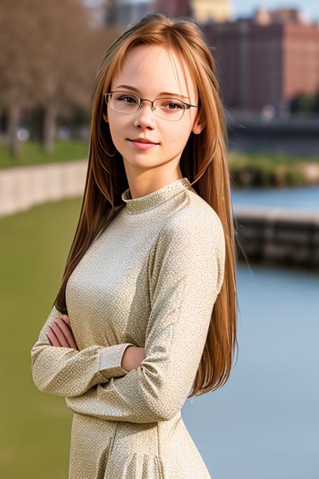 a photo of  AM149_Anna_Jitkova,
25 years old woman in (thick frame glasses) weared (long-sleeve high neck dress:1.2)
walking along the riverbank in the city, 
soft light, golden hour, cheerful mood, shoulder shot, close up, 
4k textures, natural skin texture, skin pores, adobe lightroom, photolab, intricate, highly detailed, sharp focus, professional photo, insane details, intricate details, hyperdetailed, hyperrealistic