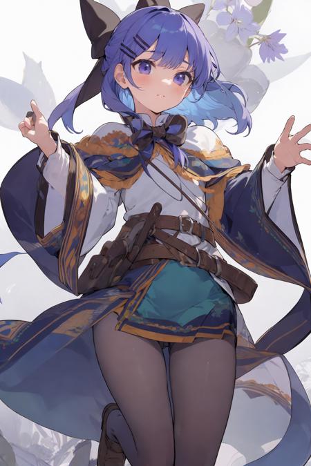 1girl, pantyhose, wide sleeves,belt, brown footwear, hairclip, long sleeves, capelet, purple hair, Blue hair hair bow