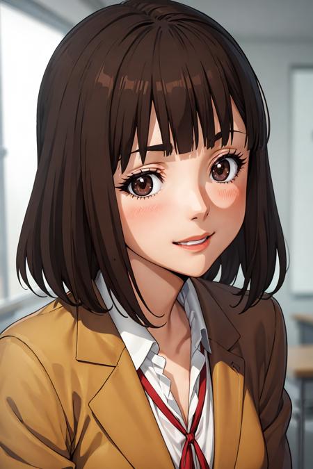 (anime:1.2), (best quality:1.1), (masterpiece:1.1), (absurdres:1.0), portrait, close-up,
1girl, kurihara chiyo, bob cut, brown hair, brown eyes, bangs, blunt bangs, medium breasts, school uniform, brown jacket, looking at viewer, classroom, blush, smile, ribbon, happy, cute, endearing,
<lora:Kizuki - Prison School - Kurihara Chiyo:0.90>