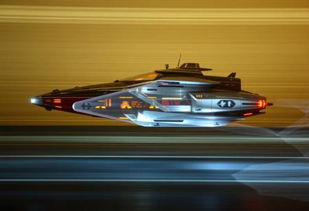 (Chronophotography) of a spaceship running, (multiple exposures of movement in a single frame, showing motion progression), overlapping transparent ghostly spaceship silhouettes, ghostly effect, motion blur