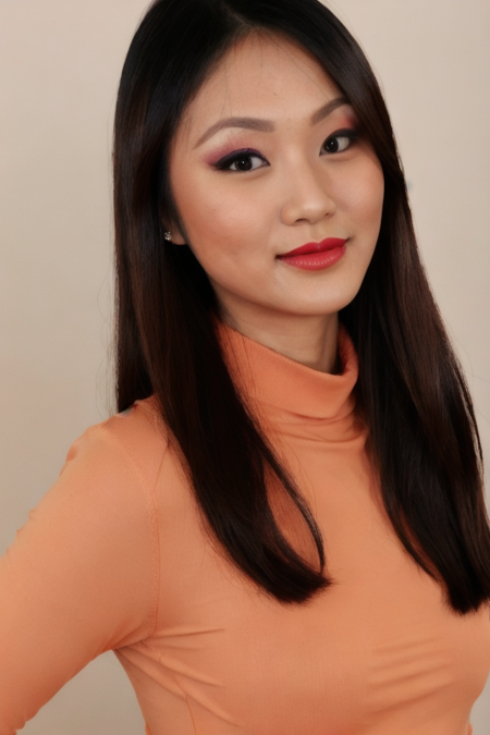 Portrait photo of ev3lynl1n, light orange turtleneck blouse, in a tv show, makeup, lipstick, sexy