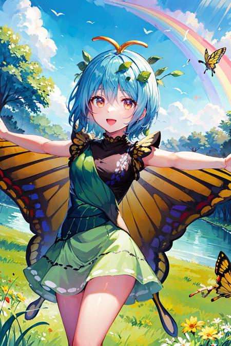 (masterpiece, best quality:1.4), looking at viewer, :d, cowboy shot, eternity larva, antennae, short hair, butterfly wings, multicolored dress, leaf on head, spread arms, flying, outdoors, grass, rainbow, river, forest, <lora:eternity_larva_v1:0.9>