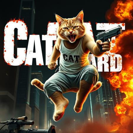 Create an image titled 'Cat Hard' white letters with fire, featuring John McClane from die hard. reimagined with a cat body with dirty white tank top, with grey dirty pants, with a gun in paw, angry face, screaming,  jumping from a explosion, a big building background, cats with weapons background, night, city lights, dust, smoke