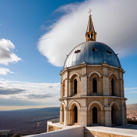 skydome building, skyline, architecture, cloud, neogothic, hellenic, steampunk, cathedral <lora:EnvyElvishArchitectureXL01:1>