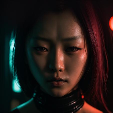 cyberpunk film, raw photo of asian woman, close up, half face, deep night, dark room, hight quaility, detailed skin, clear face, cinema shot, hdr, sharp focus