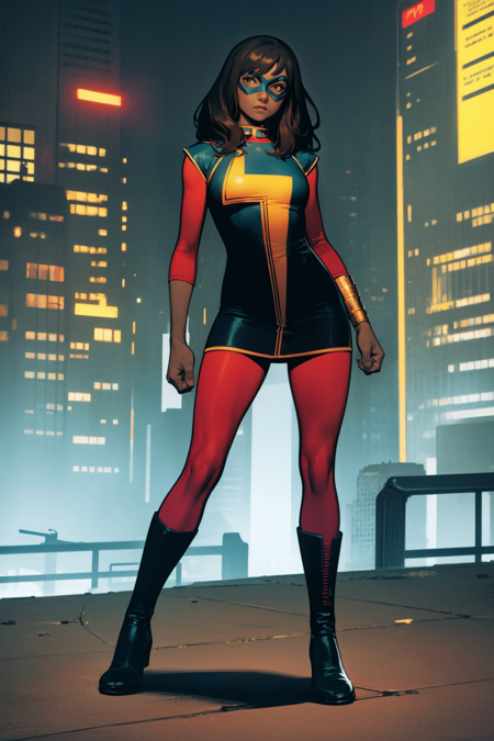 masterpiece, best quality, 1girl, kamalakhan, brown hair, long hair, brown eyes, dark skin, mask, red pantyhose, boots, , standing, contrapposto, looking at viewer, cyberpunk, solo, neon light, night, cyberpunk city background <lora:KamalaKhan:1>