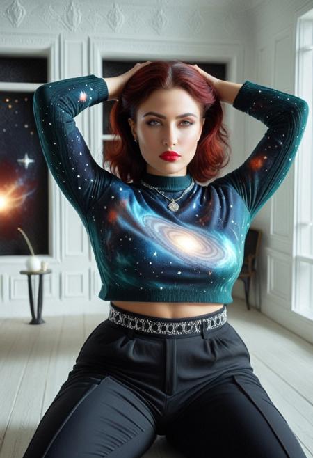 (CosmicStyle room:3.9), 1girl, pale beauty, (sharp focus:1.2), round cheeks, upturned nose, (detailed eyes:1.1), (luscious lips:1.1), (large eyes:1.0), (bright lighting:1.2), depth of field, bokeh, 4K, HDR. hyper realistic, realistic eyes, (absurd res:1.1), beautiful lighting, sunlight, score_9, score_8_up, score_7_up, score_6_up, masterpiece, high quality, (best quality:1.1), perfect red lips, parted lips, thick thighs, wide hips, big hair, wavy hair, green eyes, hands behind head, looking at viewer, photoshoot, 24 years old, Solo, hair decoration, black makeup, necklace, medallion, (CosmicStyle sweater:1.6), (CosmicStyle pants:1.7), Older woman, (muscular), (toned body), red lips, strong, secure, confident, (slim waist:1.9), realistic, real face, hyper realistic, influencer, beautiful, pretty, jewelry, (fully dressed:2), high neck closure, hemp clothing, cyberpunk, futuristic, (neon:2), window, (hands behind the head:2), (Victorian mansion), (fire place), sitting on the floor, dynamic attitude, inviting posture, (CosmicStyle walls), (night:2), (extreme feminine curves:2.4).