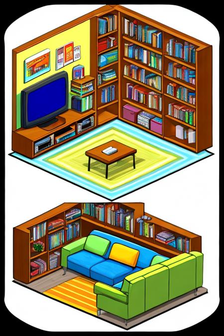 Isometric cutaway, a bright photo of the Isometric_Dreams, a tv and a stereo in it and a book shelf, a table, a couch,a room with a bed