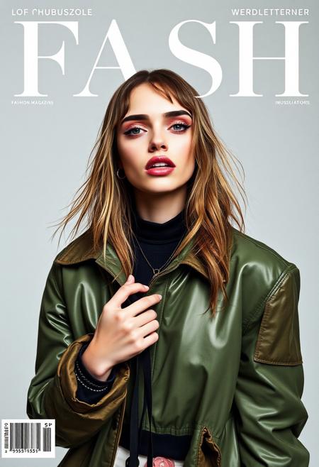 FASH Fashion Magazine Cover with the word 'FASH' displayed in clean white sans-serif font, A striking abstract fashion shoot featuring a beautiful supermodel in weird clothes, weird locations, weird poses, weird make up