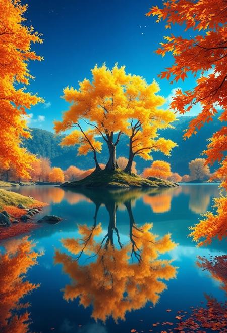 Stunning detail reflection of golden and orange katsura trees around a natural round lake, autumn, realistic, wide shot, art style of Studio Ghibli, magical, whimsical atmosphere, vibrant colors, beautifully lit, serene landscape