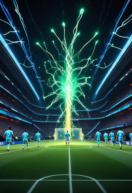 Under a golden, celestial glow, a surreal football game unfolds as players move gracefully, leaving shimmering light trails with every step. The field pulses with bioluminescent energy, its glowing green blades synchronising with the rhythm of the match.The golden football, emitting a bright light, streaks across the field like a shooting star, emitting sparkling bursts of brilliance upon impact, briefly illuminating the players' focused expressions.
The players' uniforms are imbued with luminous threads that exhibit dynamic shifts in hue, seamlessly blending with the ethereal light that envelops the stadium.Hovering above are radiant, firefly-like entities, intermittently flitting between players as if offering encouragement.The goalposts, crystalline and radiant, refract light into dazzling patterns, further enhancing the game's otherworldly allure.
The crowd further enhances the spectacle by means of luminous flags and bursts of light accompanying their cheers, thereby creating ripples of energy that fill the stadium.This extraordinary match thus transcends the ordinary, merging athleticism with celestial wonder to create a luminous celebration of human spirit and cosmic beauty, leaving an unforgettable impression on all who witness it.