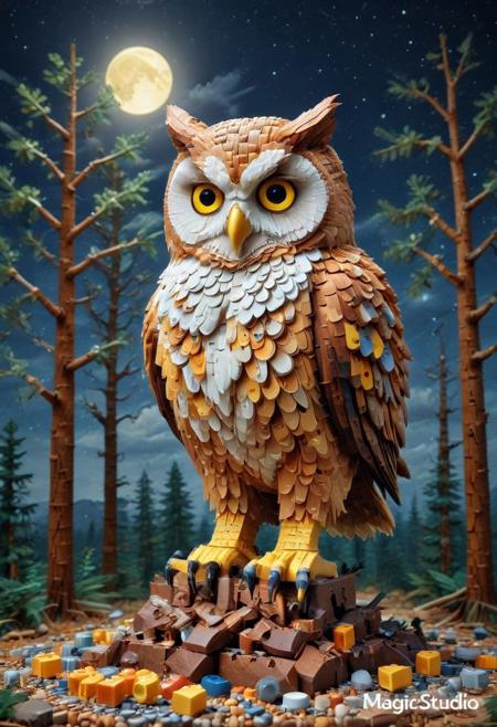 LEGO, detailed LEGO owl perched on a branch made of stacked brown bricks, glowing yellow LEGO eyes, pixelated moon in the background, surrounded by geometric LEGO trees and low-poly clouds, SDXL, whimsical and textured, nighttime toy diorama
