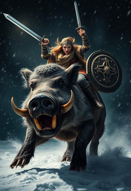 Portriat of A menacing large ferocious polar boar with battle scars, growling and snarling, lunges forward under the cover of a nocturnal snow storm, snowy ground and snow powder, illuminated by a striking Rembrandt-style spotlight. An enraged female goblin warrior, riding the beast, clutches a sword triumphantly in one hand and a shield in her other hand, her intense eyes ablaze with victory. Their dynamic pose against the backdrop of an ultra-high-contrast HDR night sky, creates an epic, moody tableau immortalizing the clash of power and determination.