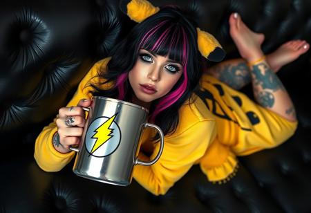 “A high-definition photo of a beautiful 20-year-old goth girl lying on a black leather couch in a relaxed, seductive pose. She is barefoot and wears a Pikachu onesie, holding a large steel coffee mug with a yellow lightning bolt logo and the words ‘Buzz Queen’ in bold letters. She has black hair with pink and purple highlights, framing her face, with striking blue eyes highlighted by black eyeshadow and black-and-metallic purple lipstick. Her tattoos are vivid and intricate, adding to her unique look. 8k detail, full body.”