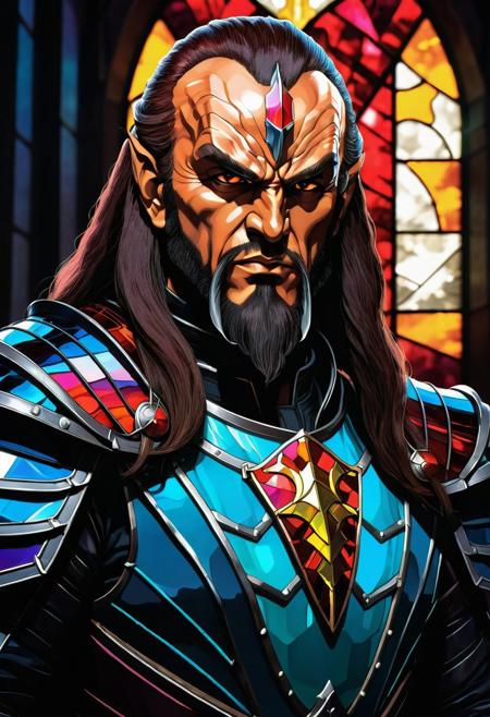 Manga-Inspired Stained Glass. Close-up portrait. (((1980's Comic version))) Klingon as a knight of the round table holding a sword in a grand hall. Flat, two-dimensional artwork. Vibrant stained glass reflecting onto his armor. Dynamic, cinematic lighting illuminating his determined expression. Masterpiece, best quality, clip studio paint style, anime-inspired art, Studio Trigger-like color palette, deep colors, cel-shaded textures, anime wallpaper-worthy composition, vivid manga scan aesthetic, high contrast, detailed lines, bold shadows.
