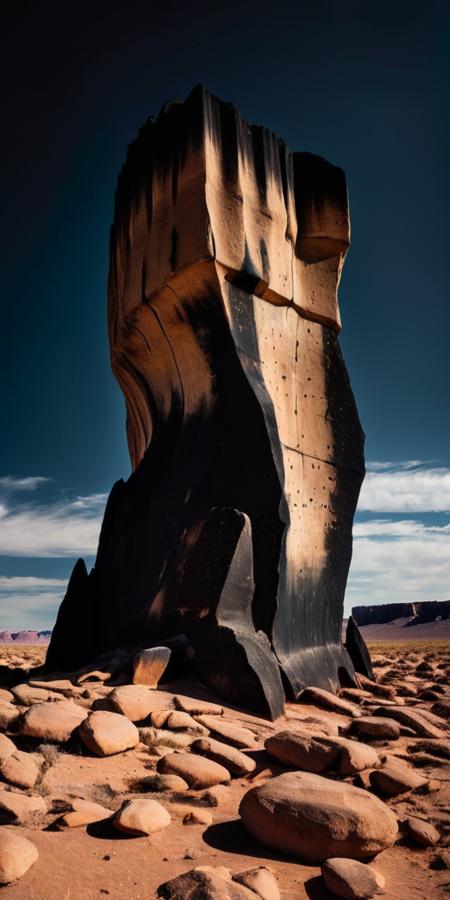 Surrealistic professionnal photography of a alien rocky landscape, gigantic black brutalist monolith, crevices, fissures, spikes, black sky, eerie, masterpiece, rough edges, extra detailed, film grain, award winning art, excellent quality <lora:xl_more_art-full_v1:0.4>