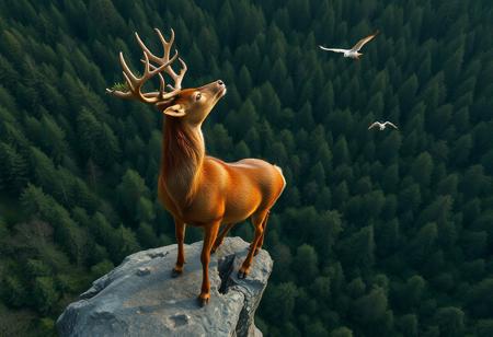 A picture of mystical deer, god of the forest standing on a rock protruding from an immense forest. The deer is larger than a common deer, with majestic antlers. From its antlers, a few leaves grow. Its coat is thick and brown with golden highlights. He looks like a god. he looking at the sky. The forest is dense, you can't see the ground. There are few birds flying in the sky around the deer. The view is from the sky.