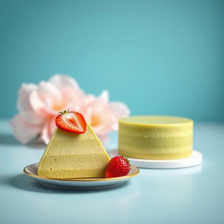 realistic photo of a big and bold fluffy cold triangle MATCHA GREEN TEA MOUSSE CAKE piece on a tiny flat plate in the foreground, layers of green gradiant color and rich matcha flavor, a cold matcha mousse dessert in the foreground iswith some strawberries on the top and the small plate is positioned straight so that you can see little of the plate's surface and little of the empty space that is filled in the middle by the cake, a piece of mousse ecake is wet tasty illuminated fluffy and smoothed without any crumbs and perfectly smooth, from behind the cake comes out a piece of a fresh perfect strawberry, everything is smooth and perfect, In the second plan on the right side is a full round mousse cake cake on a beautiful white very low and elegant cake with a thin layer of a jelly on top, everything is beautiful, illuminated, clear, perfect without any cracks, more light from the left, rendering effect, light mint green or white ground, sky blue background and slightly darker top of the background, perspective effect, gradient in sky blue color and some turquoise and some ecru between is smooth without any dirt or spots, fresh vivid colors, like from camera hasselblad H6D or nikon D850, cinematic camera canon c500, maximum details, canon 50-90mm, deep focus, moderate dof, extremely deep, shot type eye level,, color harmony, vivid colors, beyond-vivid color grading,