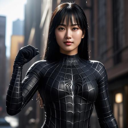 score_9, score_8_up, score_7_up, best quality, realistic, masterpiece, beautiful detail, hyperrealistic, night, ((1girl, woman body, large breast)), amazing detailed full body of a cute korean woman, wearing a realistic and highly detailed black raimi spider-man suit, ((defined muscular girl)), professional model wears ultra - detailed black raimi spider - man suit, ultra - detailed and grained black raimi spiderman suit, suit covered entire body and hand, black spiderman gloves, wet, (light smile, arms up, black hair), close up, octane render, highly detailed, volumetric, dramatic lighting, (highest quality:1.1), (HDR:1.3), (top quality, best quality), realistic, high definition, sharp contrast between light and shadow, athletic and fit physique, highly detailed and accurate portrayal, photorealistic rendering, tense and alert atmosphere cinematic scene, cinematic lighting, intricate detail skin and facial texture, lifelike expression, accurate character design, interesting and complex background details,