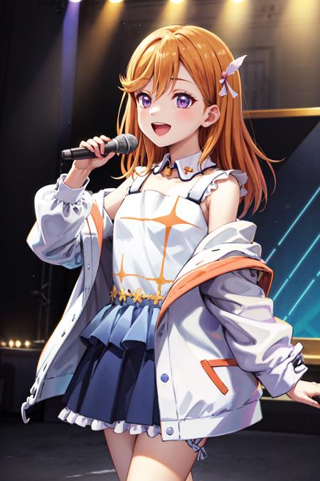 masterpiece,best quality,highres,ultra-detailed,ddkanon,purple eyes,long hair,open mouth,bangs,hair ornament,white jacket,dress,detached collar,long sleeves,off shoulder,blue skirt,frills,socks,white footwear,<lora:shibuya_kanon:0.8>,indoors,stage,stage lights,cowboy shot,:d,microphone,