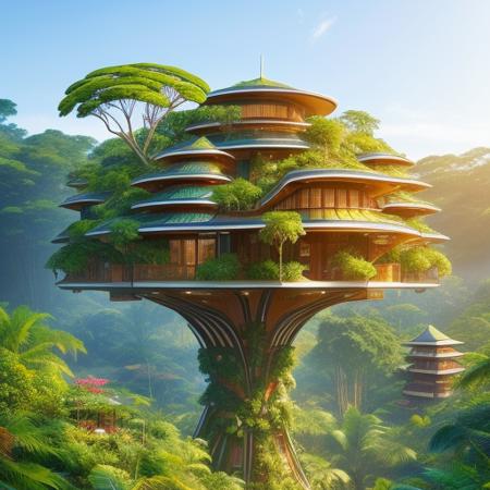 a  futuristic permaculture rainforest with a house, style_solarpunk,  High Detail, Sharp focus, trending on artstation, Digital art,