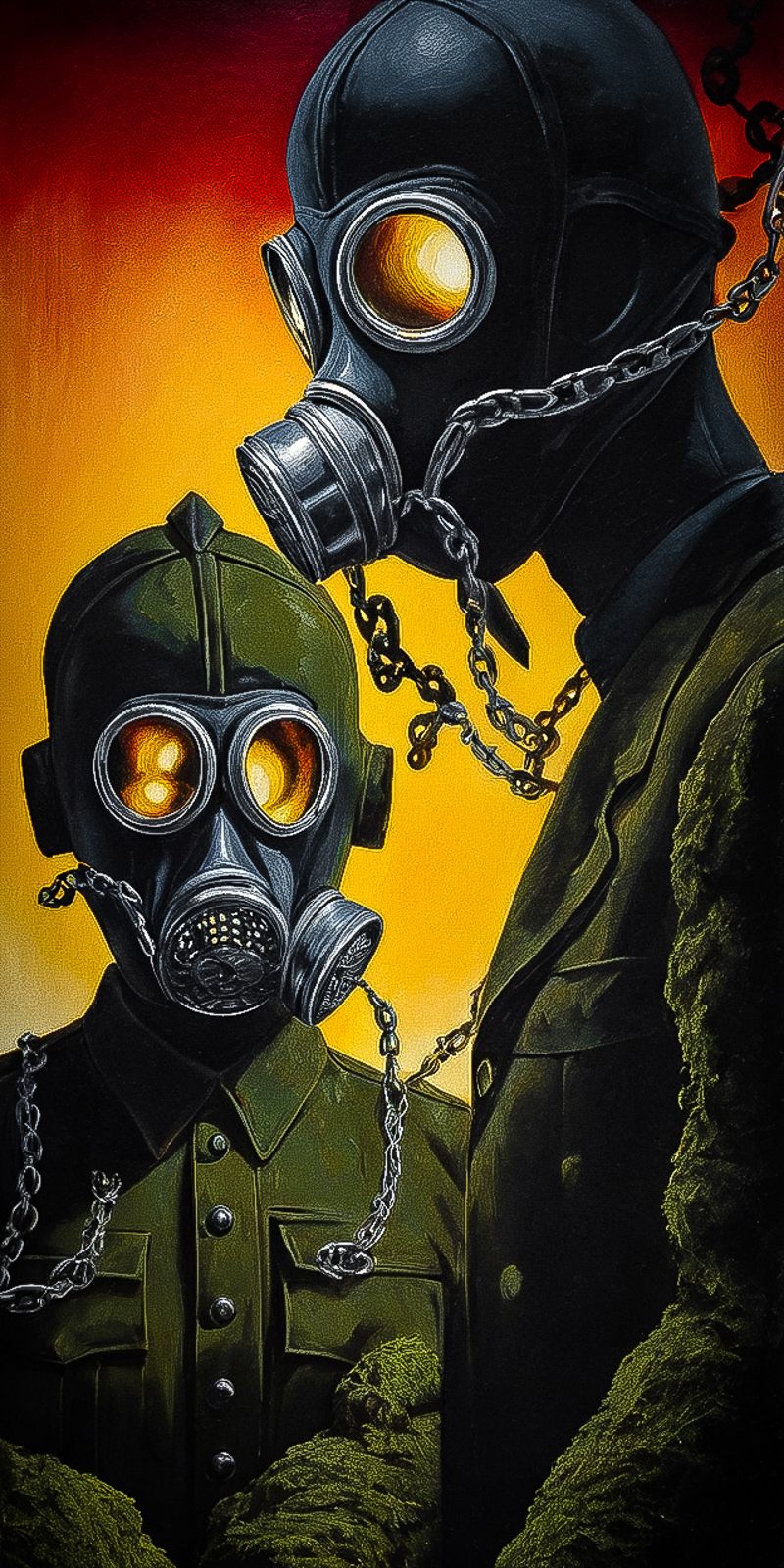 A painting of a person wearing a gas mask, chained to another person and a chain.
