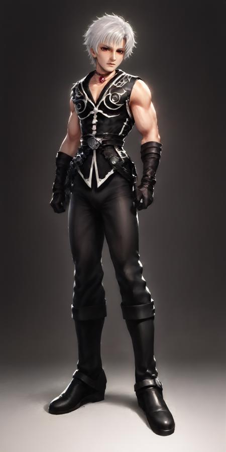 lloyd, 1boy, solo, white hair, short hair, red eyes, pov, villain face, red locket, black vest, muscular arms, visible neck, clavicle, slim body, visible arms, belt, gloves,