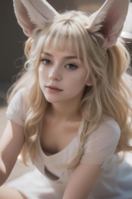 swedish girl, laying on grass, crawling, on all four, albino, eyes close-up, looking up, portrait, white loose light translucent summer dress, selfie, big hair, long messy white wavy hair, huge very long silky fennec ears, animal ear fluff, fox tail, depth of field, big ice color eyes with long white eyelashes, white eyebrows, round rich big plump parted pale glossy lips, very strong freckles, curious, cute, innocent, outside, sun from the side, rim light.
(RAW photo:1.2), (photorealistic:1.4),(masterpiece:1.3),(best quality:1.4),ultra high res,(detailed eyes),(detailed facial features),HDR,8k resolution, solo focus, skin tight, (shiny skin),(slender girl), dreamlike, (extreme detailed illustration),
extreme detail, very sharp, hyper realistic, colorful, saturated, bloom, lens flare, bright
