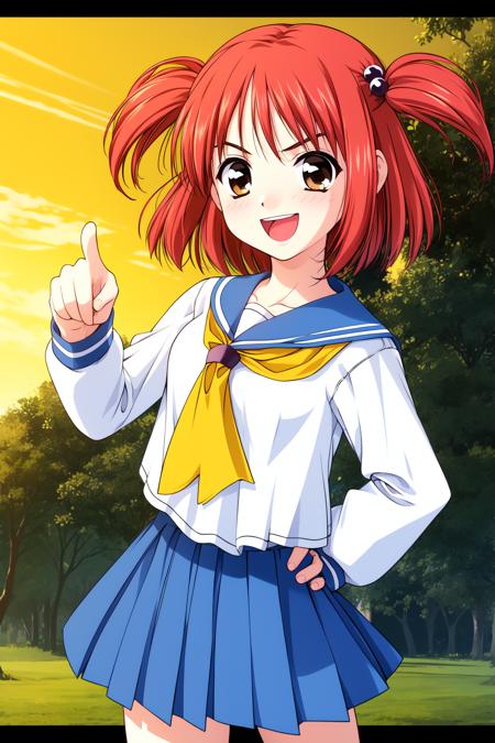 Megumi, red hair, two side up, short hair, hair ornament, hair bobbles,