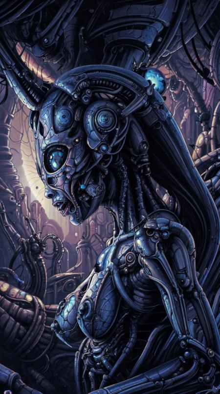 <lora:Gigerotic_Anime:0.75> closeup  macro portrait, insectoid woman in [psychedelic disco cave], [biomechanical] brainjack, [dark blue]