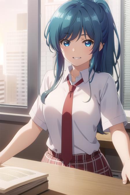 minaminanami, <lora:minami nanami s1-lora-nochekaiser:1>,
minami nanami, long hair, blue eyes, blue hair, ponytail, sidelocks, smile, grin,
BREAK skirt, shirt, school uniform, white shirt, short sleeves, necktie, plaid, plaid skirt, red necktie, brown skirt,
BREAK indoors, classroom,
BREAK looking at viewer,
BREAK <lyco:GoodHands-beta2:1>, (masterpiece:1.2), best quality, high resolution, unity 8k wallpaper, (illustration:0.8), (beautiful detailed eyes:1.6), extremely detailed face, perfect lighting, extremely detailed CG, (perfect hands, perfect anatomy),