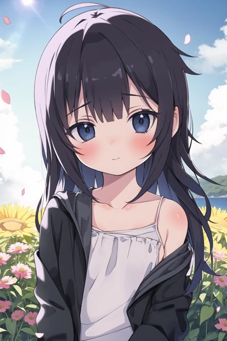 1girl, solo, long_hair, blush,  hood, simple_background, eyebrows_visible_through_hair, off_shoulder, black_hair, ahoge, bangs, collarbone, camisole, hooded_jacket, closed_mouth,lens flare,dramatic,coastal,flying petal,flowery field,sky,sun,field,gingerbread house,masterpiece,best quality,