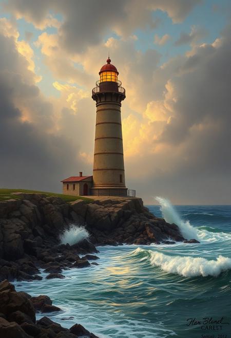 An old lighthouse on a rugged coastline, waves crashing at its base, dramatic sky, high detail, realistic, atmospheric perspective, cinematic lighting, masterful landscape painting, soft waves, highly detailed, 8k resolution, by Ivan Aivazovsky and Claude Monet
