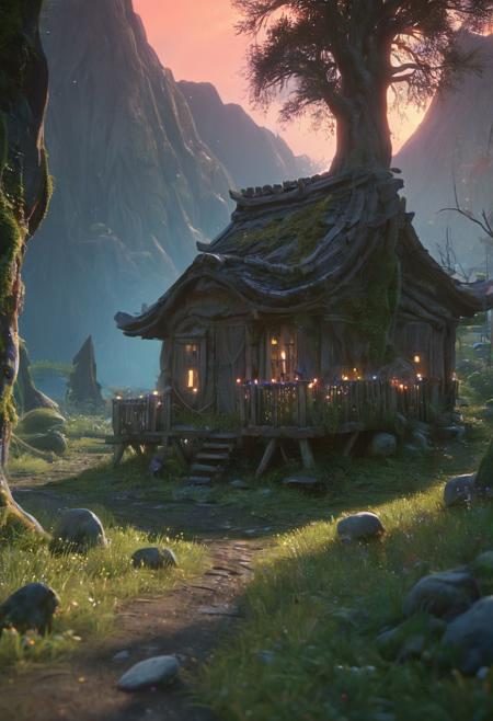 masterpiece, high resolution, depicts a settlement of gnomes,  a forest background, trees overgrown with moss, fantasy world, magical, mountains forest background, masterpiece, cinematic, visual key, best quality, by hayao miyazaki, by makoto shinkai, soft dim lighting, pastel colors, night, stars, creepy, horror, mysterious, magical, neon glow, grimoire, ancient, framed by blue neon glow, surreal twilight, ideal depth of field, by: Alex Kashin, Artgerm Karol Buck and Greg Staples and Beeple Dan McFarlin Daniel Gerhartz and Salvador Dali used o'dar 3 0 mm bright but clear graphics, artstation, cgsociety low morning, trends, volumetric lighting rendered in Unreal Engine 8 0 mm morning light, Synthwave abstract baroque dark aesthetics, retro, retrowave aesthetics 4-W wtf 3, Rendering Justin A 2, (8k 4:0.91) <lora:v0ng44g003:0.3> <lora:v0ng44g005:0.2> <lora:Twilight_Glade: 0.3> <lora:visiblend:0.4> <lora:glowneon_xl_v1:1.5>