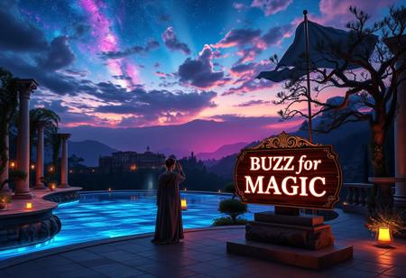 A mystical landscape at twilight, centered around a glowing crystal lake reflecting vibrant nebulae and distant galaxies. Grand marble columns and statues reminiscent of Italian architecture line the shores, adorned with glowing vines. Towering bioluminescent trees with ornate branches softly illuminate the scene, while terraced villas and cascading fountains, inspired by Tuscany, rise in the distance. Iridescent mountains blend with the luminous clouds above, creating a dreamlike horizon.
In the foreground, a figure in flowing robes reminiscent of Renaissance nobility stands on a stone piazza leading to the lake. Around them, floating orbs of light and ancient runes circle as they weave a magical spell. Nearby, an elegant wooden sign made from polished mahogany, with intricate scrollwork and gilded edges, reads ‘BUZZ for MAGIC’ in sleek Futura font, glowing faintly in neon white, perched atop a stone pedestal. In the background, a large flag sways gently in the wind, a seamless blend of the American flag’s stars and stripes with the Star of David from the Israeli flag, representing unity and strength. Golden lanterns sway in the gentle breeze, adding warmth to the serene atmosphere. The entire scene is a fusion of otherworldly beauty, timeless Italian elegance, and symbolic unity, where nature, art, and magic blend in perfect harmony