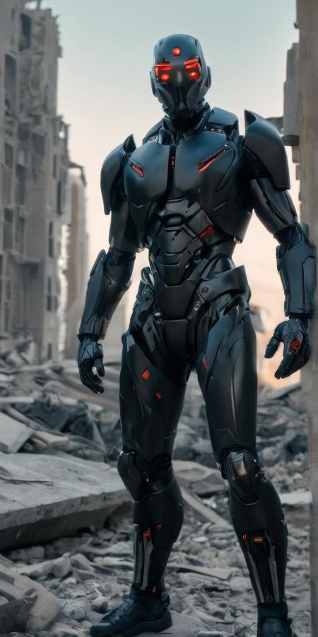 A cyborg man in a futuristic black suit with tech-inspired mechanical attachments, wearing a transparent face mask with glowing red eyes, metallic prosthetic arms and legs, standing in the ruins of a deserted city with tall rubble and debris around, toxic red gas floating in the sky. High-quality image of a post-apocalyptic cyborg man in a sci-fi setting, perfect for projects that require a blend of technology, dystopia, and futurism. Full shot body photo highlighting the intricate details and immersive atmosphere of a cyborg existence in a ravaged world.