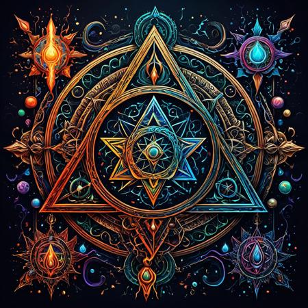 Finely detailed vector illustration. occult symbols, symbols of power, ultra realistic quality, interwoven pattern, dark gradient background, hyperdetailed, intricately detailed,  triadic colors,fantastical,intricate detail,splash screen,complementary colors, fantasy concept art, 8k resolution, masterpiece, oil painting, thick strokes, paint dripping, vapors, glow