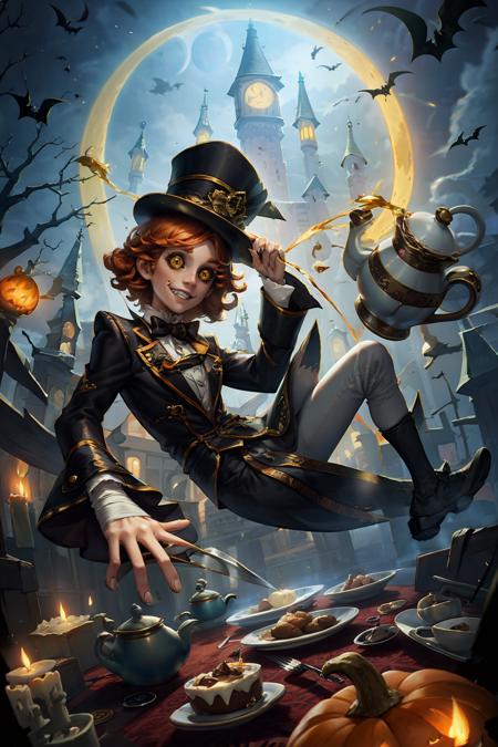 HEZI, the fifth personality, moon, hat, clock, food, cup, castle, teapot, bat \(animal\), teacup, smile, fork, ghost, yellow eyes, cake, bow, solo, teeth, top hat, curly hair, halloween, 1boy, colored sclera, pumpkin, short hair, bandages, night, 1girl, button eyes, full moon, bowtie, jack-o'-lantern, candle, knife, male focus, black headwear, black sclera, orange hair, brown hair, adjusting clothes, tea, freckles, grin, plate, cookie, socks, long sleeves, sky, table, black footwear, clock tower, shoes<lora:ç¬¬äºäººæ ¼-000010:0.7>,