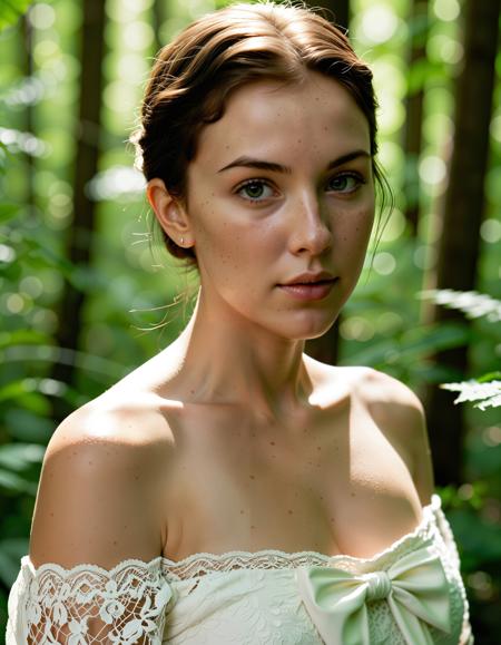A photo-realistic portrait shoot from a portrait camera angle about a young woman with light skin and freckles, wearing a light-colored lace dress, standing in a lush, green forest with sunlight filtering through the trees. the image also shows soft and natural lighting, creating a serene atmosphere. on the middle of the image, a 20-year-old light-skinned woman appears to be looking directly at the camera with a neutral expression, her brown hair styled in a short hair style and her realistic eyes. she is wearing a delicate lace dress with a bow at the front, and her bare shoulders and collarbone are visible. the background is blurred, with greenery and soft lighting creating a natural ambiance.