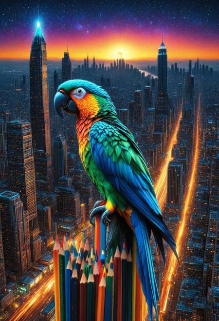 masterpiece, best quality, very aesthetic, absurdres,(score_9, score_8_up, score_7_up), createconcept, addmicrodetails, Pencil_morph_style, epic background, nightsky cityscape landscapes with a lot of pencils, a (parrot) made out of pencils, glowing eyes, vivid eye color, (beautiful eyes:1.2), (gradient iris, crisp iris edges), confident pose, action dynamic pose, lazypos
