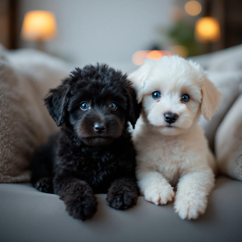 2 bichon Frise Puppies, one puppy is black, the second puppy is white, both puppies have blue eyes, ultra realistic, masterpiece, (penthouse living room:1.4), (indoors:1.4), (soft lighting:1.4, dim lighting:1.4), (night:1.4),