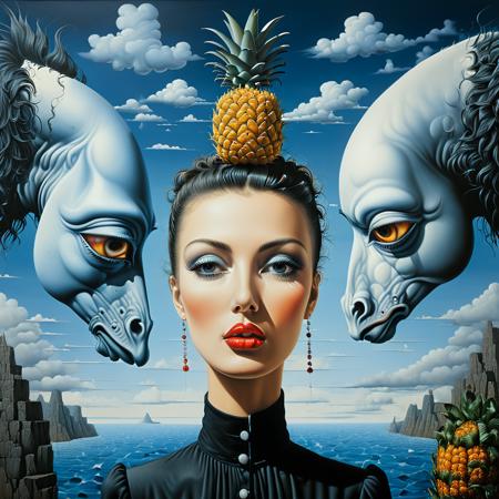 Surrealist art  <lora:FF-Style-Rafal-Olbinski.LORA:1> in the style of rafal oblinski, a collage of paintings with a woman, a pineapple and a horse, the absurdity of love in a loveless world full of clowds and waterwalls. hyperdetailed, oblinski painting, expanded surrealism, neosurrealism, pop surrealism, surrealist art, perfect composition, perfect face, abstract, innovative, dreamlike, mysterious, provocative, symbolic, intricate, detailed, revolutionary masterpiece  <lora:xl_more_art-full_v1:0.8>