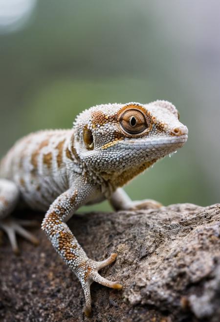 (macro shot), (closeup:2),  (moody), (fog), (humid), (steamy), (professional art photo), gecko climbing on old mediterranean stonewall,   (bokeh), olive tree
