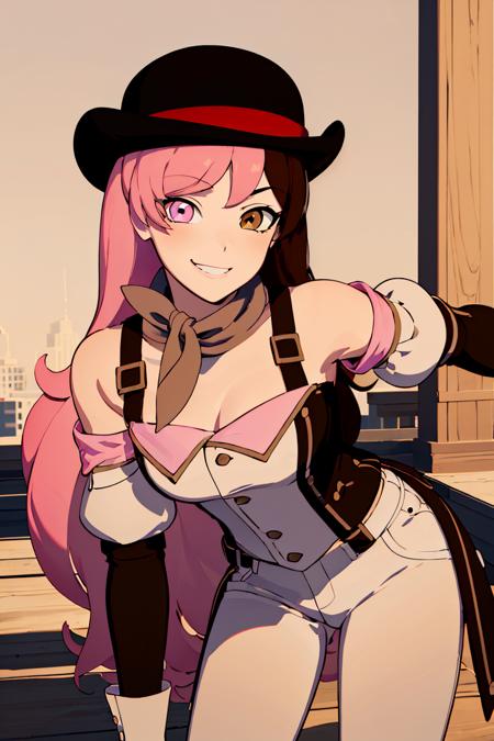 Neopolitan_RWBY,  pink hair, brown hair, split-color hair, brown eyes, pink eyes, white pants, white gloves,  (maid outfit:1.5, skirt, thighighs), (twintails),