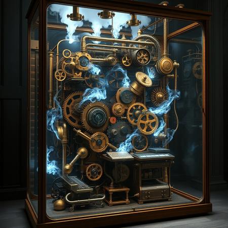 Inside of its glass case a fantastical steampunk quantum computer bends time and space. Beams of energy swirl and dance around the intricate clockwork gears and cog wheels. Steam issues from a bank of pipes along the top of the cabinet. A steampunk engineer, resplendent in his uniform, stands at a keyboard to one side. This striking image, envisioned as a high resolution digital image, showcases the machine's ornate design and cutting-edge functionality. Every detail is meticulously rendered, creating a visually stunning masterpiece that captivates the viewer with its intricate beauty and technological brilliance.